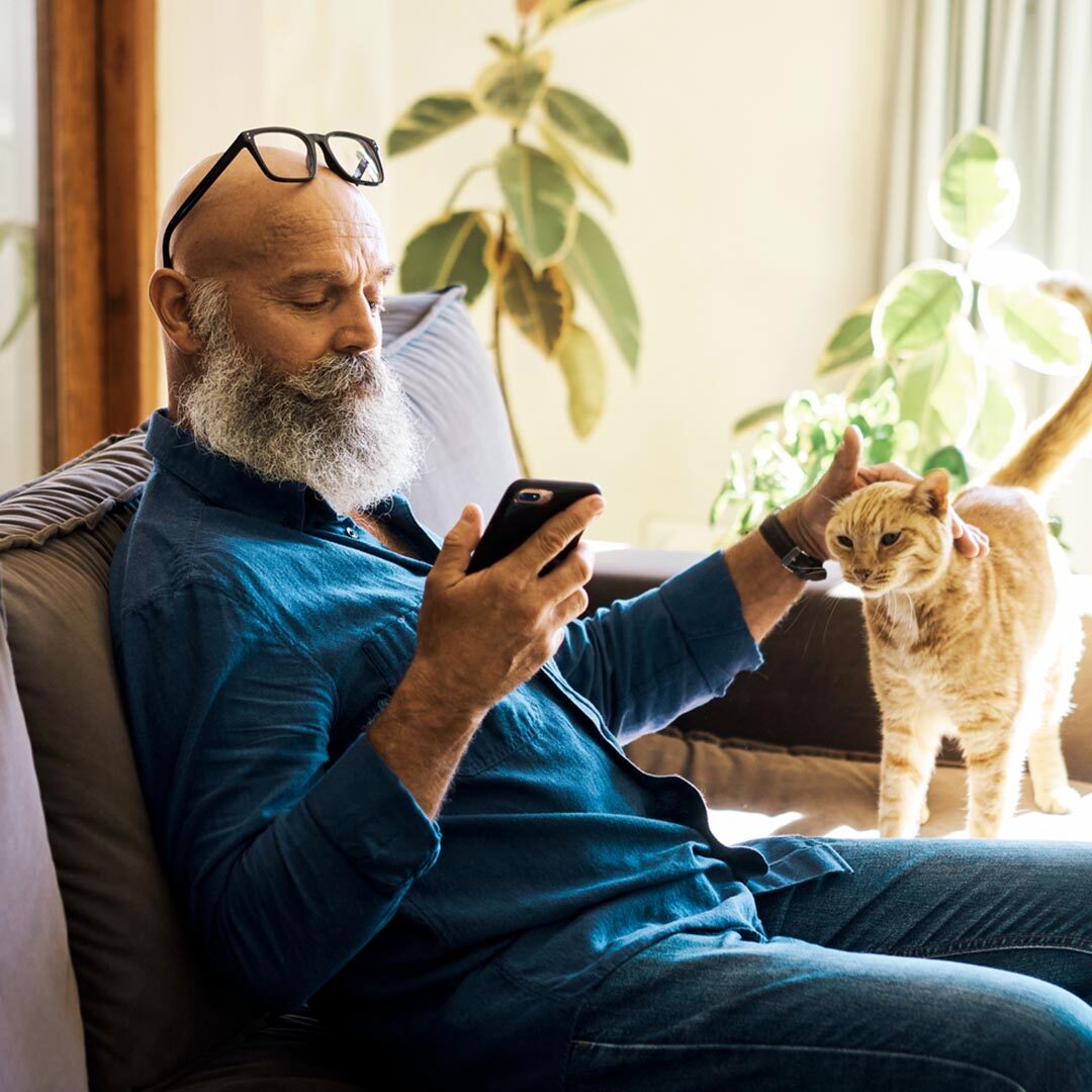 Senior Man Using A Phone To Browse Online While Petting His Cat On The Couch At Home. Mature Hipster Male Relaxing With His Pet And Scrolling On Social Media Online On Sofa. Retired Guy Typing A Text